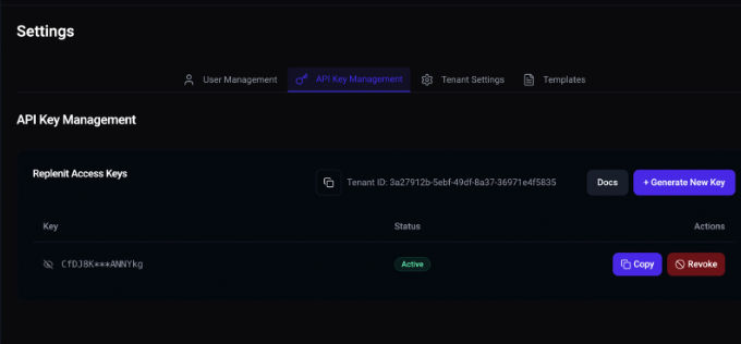 Replenit Dashboard - API Key Management interface